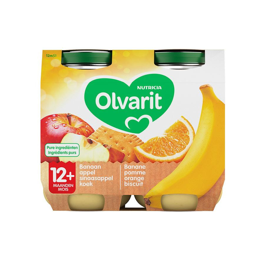 Image of Olvarit Fruitpap Banaan/ Appel/ Sinaasappel/ Koek 12M+ 2x200g